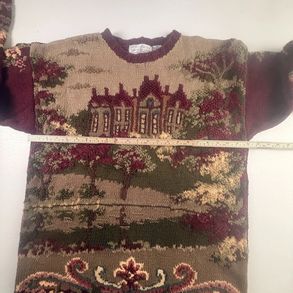 Vintage Country Mansion House Hand Knitted Floral Sweater Northern Isle Large - Picture 12 of 16